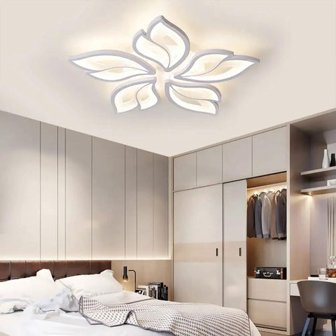 Modern Five Leaf LED Ceiling Light Fixture Chandelier Flush Mount Dimmable With Remote in bedroom setting