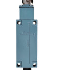 Front view of Heavy Duty Silver Contact Limit Switch ME8108 with adjustable roller lever arm, showcasing metal shell and plastic wheel.