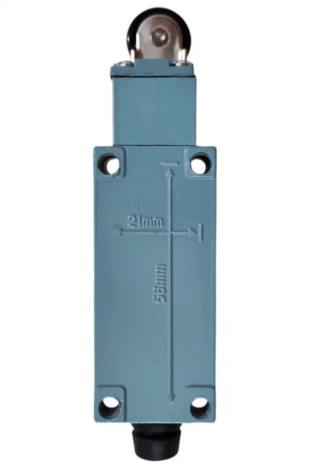 Front view of Heavy Duty Silver Contact Limit Switch ME8108 with adjustable roller lever arm, showcasing metal shell and plastic wheel.