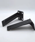 Rock Hard Heavy Duty Corner Shelf Brackets With Matte Black Finish And Rust Resistant Iron supporting heavy wood in a sleek design.