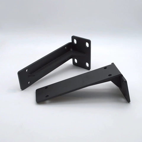 Rock Hard Heavy Duty Corner Shelf Brackets With Matte Black Finish And Rust Resistant Iron supporting heavy wood in a sleek design.
