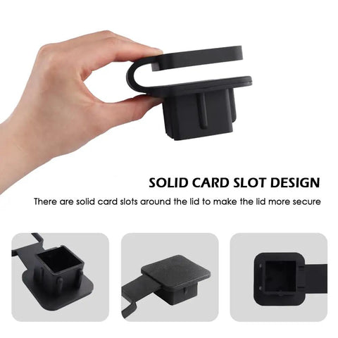 Hand holding 2 Inch Trailer Hitch Cover Rubber Dust Cap For 2x2 Receiver, showcasing solid card slot design