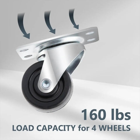 Kick Butt Premium Heavy Duty Rubber Swivel Casters 1-1/2 Inch 12 Pack Low Profile Plate Wheels showing a single caster with 160 lbs load capacity.