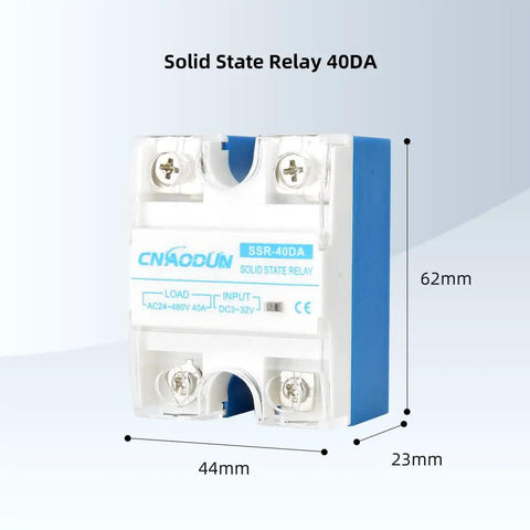 Solid State Relay 40DA front view, part of PID Temperature Controller Kit With 100-240 VAC Power, 40DA Solid State Relay, K Type Thermocouple Probe And Heat Sink, One Way SSR Output And Alarm Ports, Ideal For DIY Friendly Temperature Control Projects