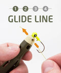 Fishing Knot Tying Tool With Line Threader And Eyelet Grip Jig Head And Hook Clipper system in use, showing glide step.