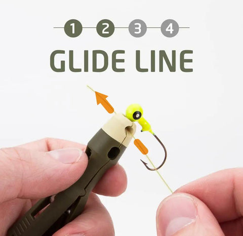 Fishing Knot Tying Tool With Line Threader And Eyelet Grip Jig Head And Hook Clipper system in use, showing glide step.