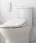 Electric Bidet Smart Toilet Seat For Elongated Bowls mounted on a toilet, featuring control panel and sleek design.