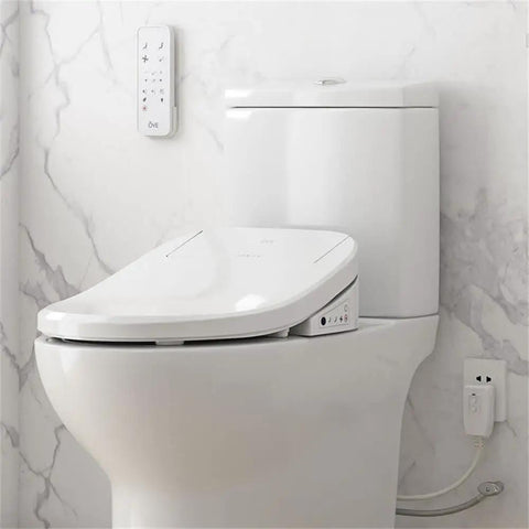 Electric Bidet Smart Toilet Seat For Elongated Bowls mounted on a toilet, featuring control panel and sleek design.