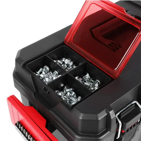 Beefy 19 Inch Tool Box With Big Small Parts Organizer Tray For Nuts Bolts Screws And Drill Bits Made From Dang Tough Resin showing organized screws.