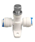 1/4-inch needle valve flow regulator for RO systems; white plastic body with blue quick-connect fittings