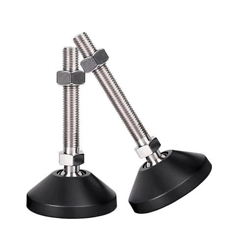 Built Tough Plumb Level Adjustable Furniture Leveling Feet Using Swivel Articulating Legs Crafted From Durable Nylon And Carbon Steel For Bulletproof Stability On Worn Out Floors Keeps Your Couch And Desk Locked Down Without Breaking Your Back, showcasing black nylon bases and adjustable steel bolts.