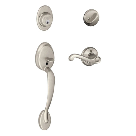 Plymouth Front Entry Handleset with Flair Lever and One Sided Keyed Deadbolt Satin Nickel Finish built tough exterior door lockset