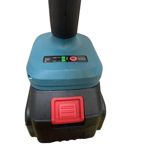 Heavy Duty 21 Volt Brushless Cordless Electric Rivet Gun battery pack with indicator lights and switch button.
