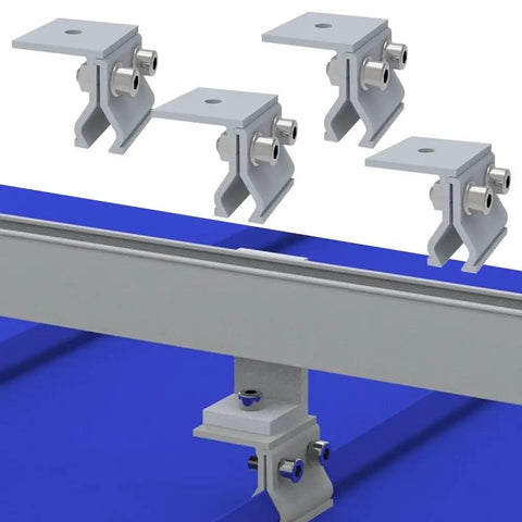 Rock Solid Standing Seam Roof Clamps For Metal Roofs Heavy Duty Aluminum Solar Panel Mounts Railless PV Hardware Easy Install No Drill Setup 4 Piece Kit installed on metal roof with bracket detail.