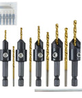 Amazon 12-piece titanium-coated countersink drill bit set with hex shanks and Allen wrench