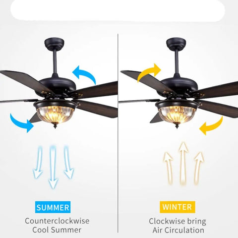 Classic Antique 42 Inch Ceiling Fan With Remote And Led Light For Indoor Outdoor Spaces, showcasing summer and winter airflow directions.