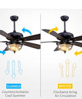 Classic Vintage 42 Inch Ceiling Fan With Integrated LED Light And Smart Remote demonstrating summer and winter airflow directions.