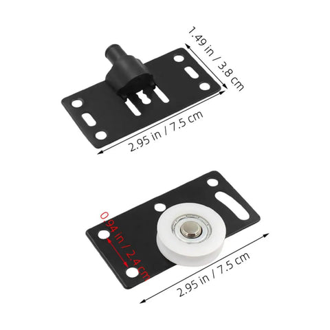 8 Pairs Black Carbon Steel Sliding Door Wheels For Closets And Wardrobes Rock Solid Heavy Duty Cabinet Pulleys Built Damn Tough With Smooth Gliding Performance Runs Like A Dream Daily, showing two types of black steel pulleys, measuring 2.95 in by 1.49 in.
