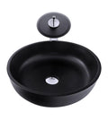 Slick Black Tempered Glass Vessel Sink For Countertop Bathroom Setup, round above counter wash basin with drain hole, stylish and durable.