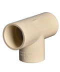 Close-up of beige 3/4 inch CPVC tee fitting, slip to slip socket for DIY home plumbing, hot and cold water system, corrosion resistant, durable