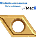 Maclix carbide turning insert, diamond shape with central mounting hole, gold coating