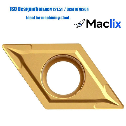 Maclix carbide turning insert, diamond shape with central mounting hole, gold coating