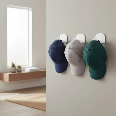 Kick Your Desk Game With 2 Adhesive Headphone Brackets, Stick On Wall Mounted Headset Hook Holder For Gaming Earphones, No Drill Required To Keep Your Setup Fresh And Clutter Free For The Whole Squad holding three caps on wall hooks