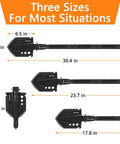 Three sizes of foldable camping shovel with 30.4 inch high carbon steel build shown for versatility and utility.