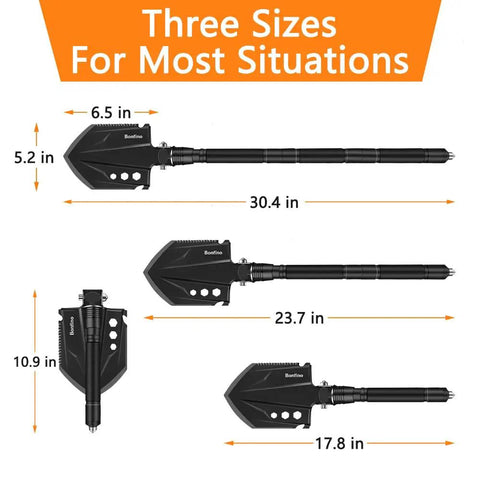 Three sizes of foldable camping shovel with 30.4 inch high carbon steel build shown for versatility and utility.