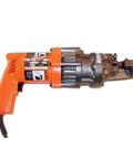 Professional Grade Electric Rebar Cutter Cuts Number 5 Steel Bars With A Hardcore Cold Cutting Shear Setup shown from the side.