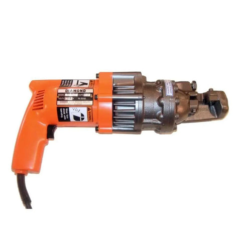 Professional Grade Electric Rebar Cutter Cuts Number 5 Steel Bars With A Hardcore Cold Cutting Shear Setup shown from the side.