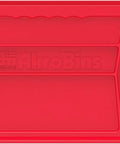Side view of a red stackable plastic storage bin for garage and pantry, space saving 11x5x5 inch organizers, 12 pack, heavy duty.