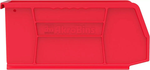 Side view of a red stackable plastic storage bin for garage and pantry, space saving 11x5x5 inch organizers, 12 pack, heavy duty.