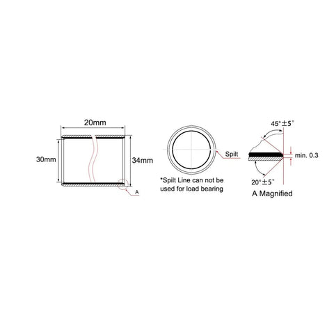 Premium Oilless Sleeve Bearings 10 Pack Self Lubricating Plain Bushings diagram showing dimensions 20mm x 30mm x 34mm and split line detail.