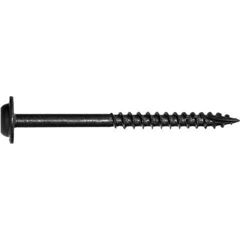 Heavy Duty Wood Screw Set Two And A Half Inch Round Washer Head Truss Style Torx Drive For Cabinets Furniture Siding And Trim All Purpose General Construction Black Exterior Coated For ACQ Lumber 72 Screws Per Pound showing single black screw with truss head and pointed end
