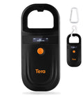 Pet Microchip Reader With D Ring Included For Easy Carry Portable RFID Scanner For Dogs Cats And All Pets OLED Display Rechargeable Battery Data Storage ISO11784 11785 FDX B EMID Compatible featuring a black handheld device with an OLED display and orange button, shown with D-ring.