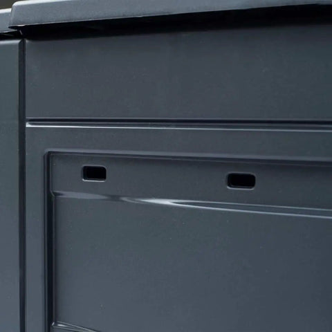 Close-up of Outdoor Compost Tumbler With Better Aeration, Sturdy Gray Garden Bin Made From Recycled Plastic showing details.