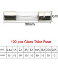 Pro Car Fast Blow Glass Tube Fuse Kit Loadout With 100 Quick Blow Fuses 6x30mm 0.5A To 30A Range illustration with specifications