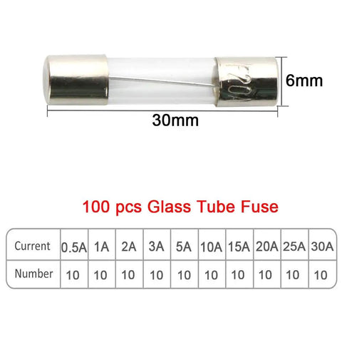 Pro Car Fast Blow Glass Tube Fuse Kit Loadout With 100 Quick Blow Fuses 6x30mm 0.5A To 30A Range illustration with specifications