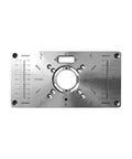 Premium Aluminum Router Table Insert Plate For Woodworking Benches With Four Secure Centering Rings and Pro Level Dead On Mounting Kit top view.
