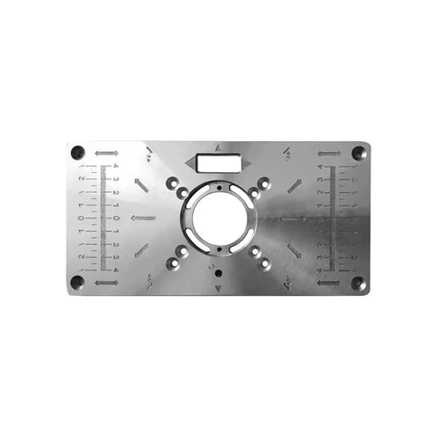 Premium Aluminum Router Table Insert Plate For Woodworking Benches With Four Secure Centering Rings and Pro Level Dead On Mounting Kit top view.