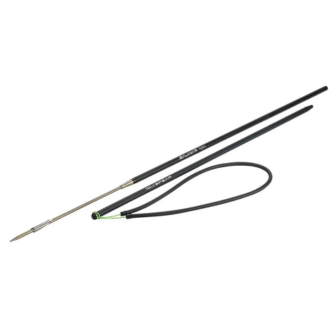 14mm Aluminum Pole Spear For Spearfishing With Anodized Ergal Shaft Rubber Band Propulsion M6 Thread Black Finish 160 Cm Length Harpoon Tip Built For Saltwater Toughness And Reliable Depth Ready Performance displayed flat with spear tip and rubber band visible