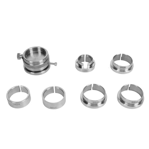 Stainless Steel Watch Movement Base Holder Kit With Precision Adjustment Tool for multiple movements, 7-piece view