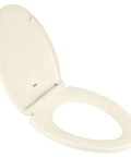 White toilet seat with lid, open position, oval shape, smooth and durable finish.