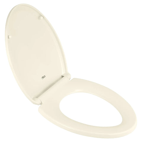 White toilet seat with lid, open position, oval shape, smooth and durable finish.