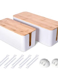 2 Pack Large Cable Management Box Set With Wooden Style Cord Organizer And Cover For TV Wires, Computer, Router, USB Hub And Under Desk Power Strip, Safe ABS Material, Baby And Pet Proof Lock, White, showing two boxes with wooden lids and accessories.