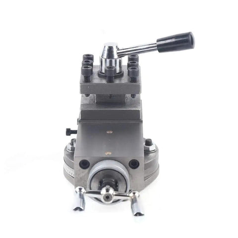 Top Shelf Heavy Duty Mini Metal Lathe Tool Post Assembly With 80mm Stroke Quick Change Holder at front view, designed for benchtop machines.
