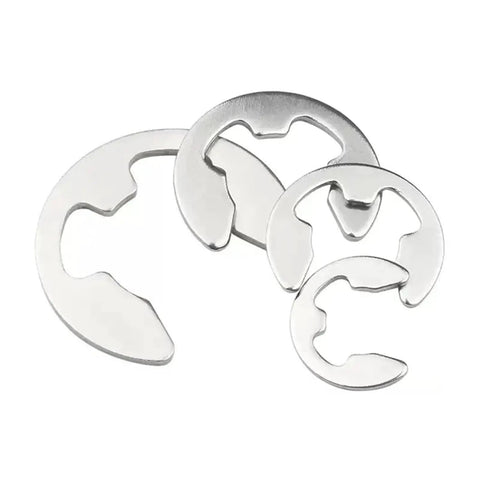 Close-up of 304 Stainless Steel E Clip Retaining Rings Kit 1.5 to 10 Mm Shaft Fasteners, showing various ring sizes