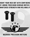 Red Dot Mount Screw Mega Pack with 48 Pcs M3 And M4 Screws For Precision Tools And Red Dot Mounts Includes Oval Head And Dome Head Torx Options 6mm 7.5mm 8mm 10mm Fits Glocks G43 G48 image showing two screws and a red dot sight mount with emphasis on precision and reliability slogan.