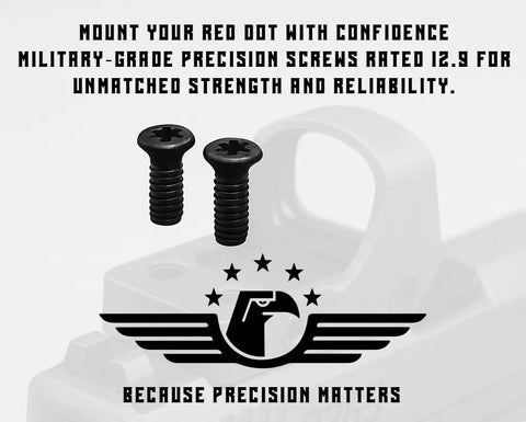 Red Dot Mount Screw Mega Pack with 48 Pcs M3 And M4 Screws For Precision Tools And Red Dot Mounts Includes Oval Head And Dome Head Torx Options 6mm 7.5mm 8mm 10mm Fits Glocks G43 G48 image showing two screws and a red dot sight mount with emphasis on precision and reliability slogan.